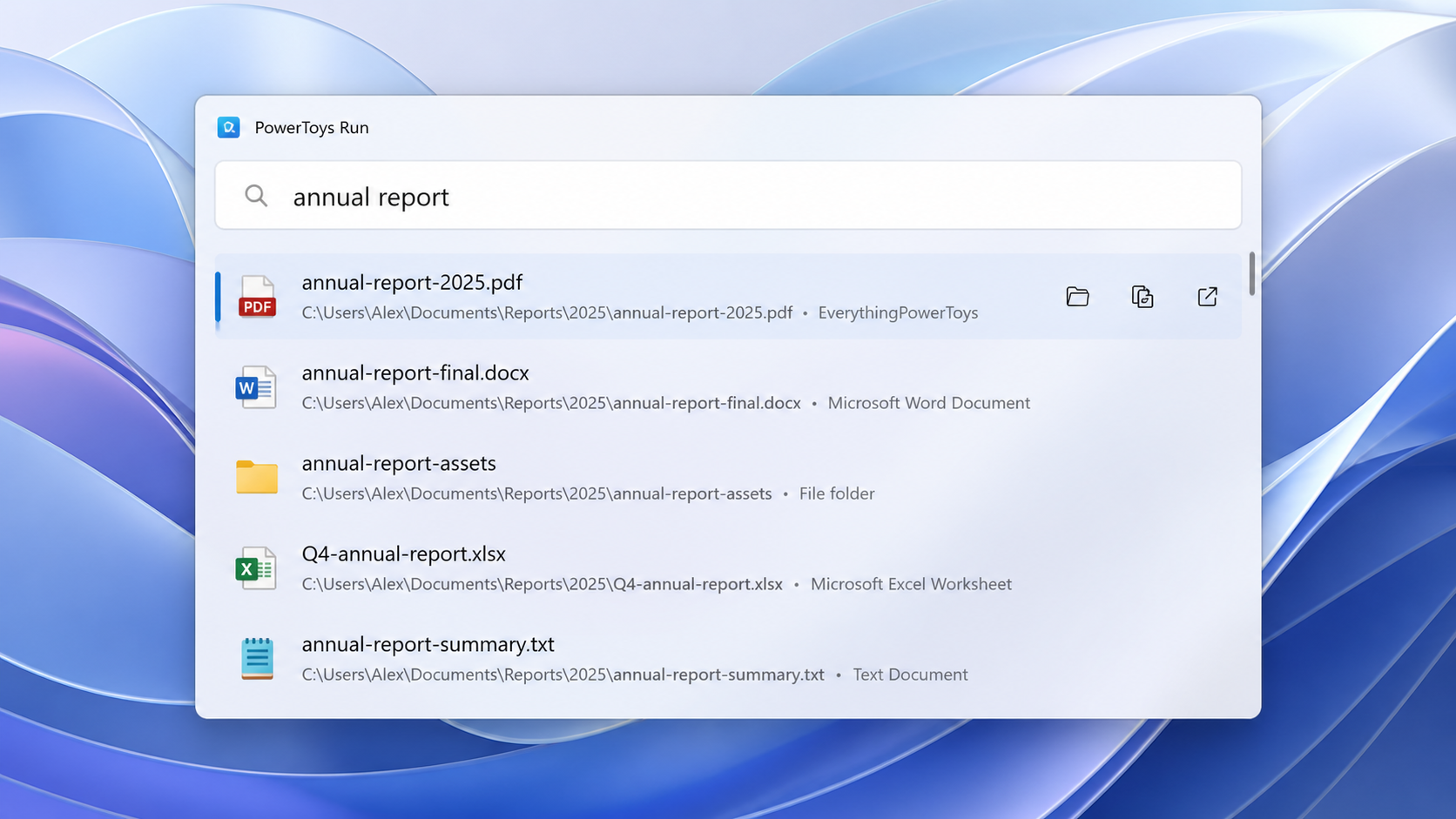 PowerToys Run showing EverythingPowerToys file search results for annual report