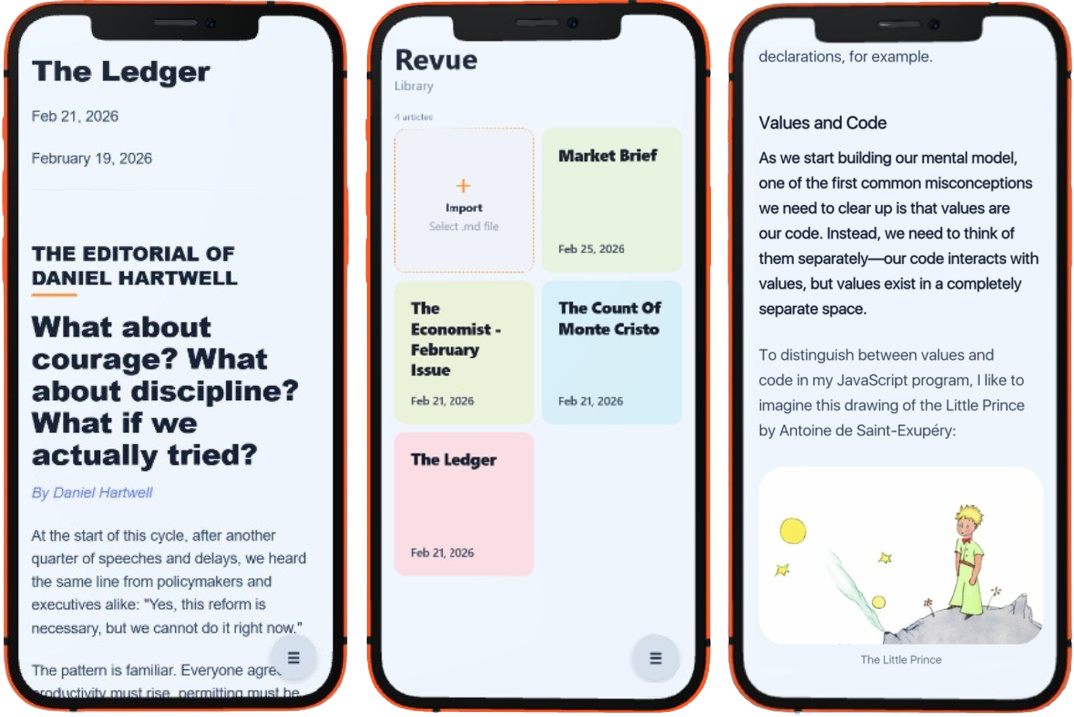 Revue mobile app reading interface